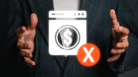 Visual representation of anti-money laundering with a digital icon and red cross symbol held by a businessman, emphasizing financial security.の写真素材