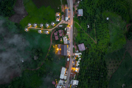 Aerial shot capturing a modern village with lit streets surrounded by lush greenery, showcasing a blend of nature and urban living.の写真素材