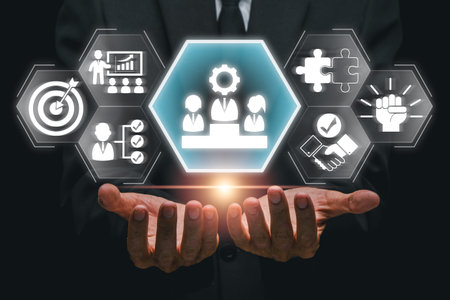 Visual representation of team building with business icons, highlighting collaboration and strategic...