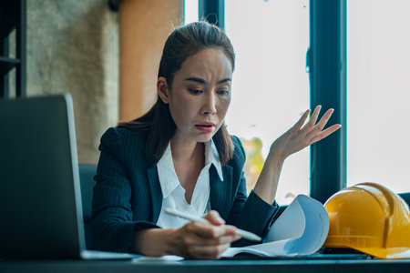 Focused businesswoman reviewing paperwork at her desk, with a laptop and safety helmet, in a modern office setting.の写真素材