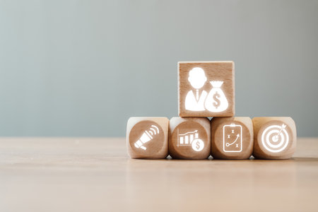 Visual representation of sales management with icons symbolizing strategy, growth, and success in business.の写真素材