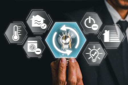 Businessman interacts with futuristic icons representing energy-saving solutions, emphasizing...
