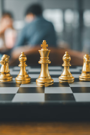 Close-up of gold chess pieces on a board, capturing a strategic moment in a contemporary environment.の写真素材