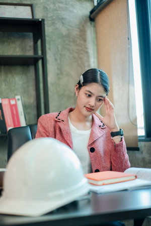 Young woman in office, focused on work with construction helmet and documents, representing professional and engineering themes.の写真素材