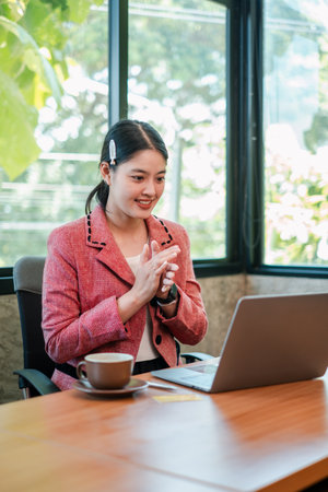 Professional woman in pink blazer participating in an online meeting, seated at a desk with a laptop and coffee cup.の写真素材