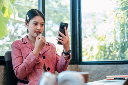 A young woman in a pink jacket applies lipstick while checking her smartphone in a sunlit office.の写真素材