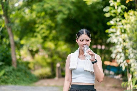 A woman takes a break during her workout, drinking water in a vibrant green park. Fitness and hydration concept.の写真素材
