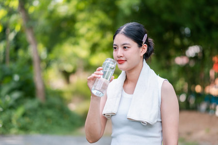 A young woman in a white tank top drinks water from a bottle while enjoying a refreshing moment in a...