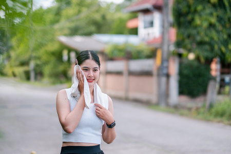 A young woman uses a towel to cool down after exercising outdoors in a suburban neighborhood setting.の写真素材