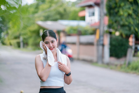 A young woman wipes her face with a towel after exercising outdoors in a suburban area, showcasing fitness and healthy lifestyle.の写真素材