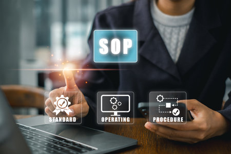 Visual representation of SOP concept with digital icons for standard, operating, and procedure in a business environment.の写真素材