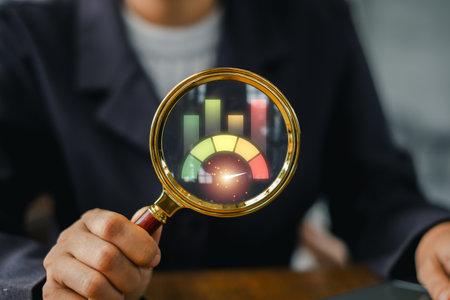 A business professional examines a benchmark concept using a magnifying glass, highlighting colorful bar graphs for data analysis.の写真素材