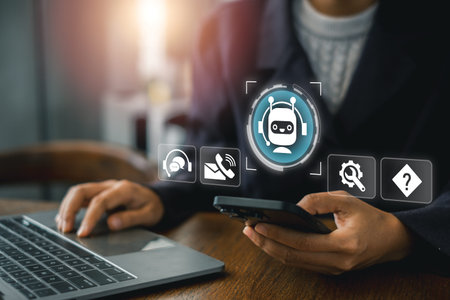 Business professional using technology for customer support, featuring digital icons and modern...