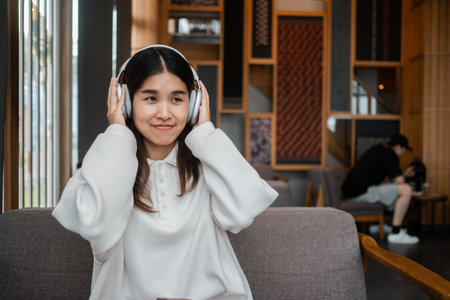 A young woman wearing headphones, sitting comfortably in a modern cafe, enjoying music and leisure time.の写真素材