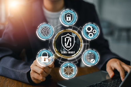 Visual representation of zero trust cybersecurity with digital icons and a business professional...
