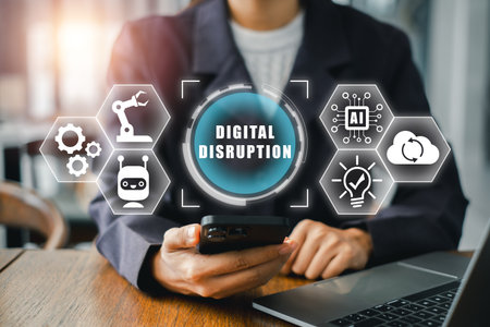Illustration of digital disruption with technology icons and a person using a smartphone, symbolizing innovation and change.の写真素材