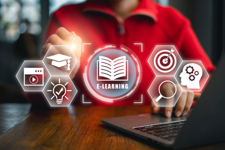 Interactive e-learning interface with digital icons and laptop, representing modern online education...