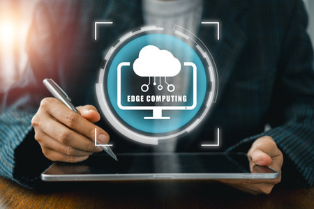 A digital interface illustrating edge computing on a tablet, symbolizing advanced technology and data processing.の写真素材