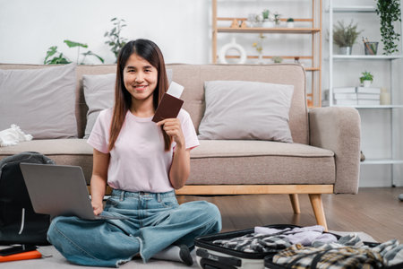 Smiling woman sitting on floor with laptop and passport, ready for travel. Cozy living room with suitcase and casual attire.の写真素材