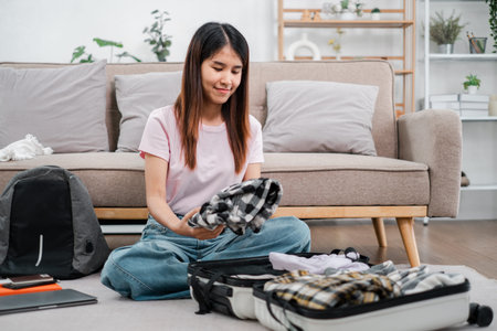 Smiling woman organizing clothes in a suitcase, preparing for a trip in a comfortable living room...