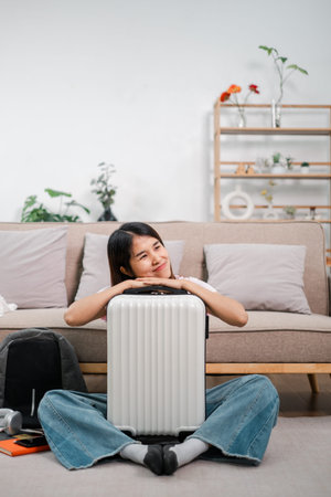 Smiling woman sitting with suitcase in cozy living room, preparing for a travel journey.の写真素材