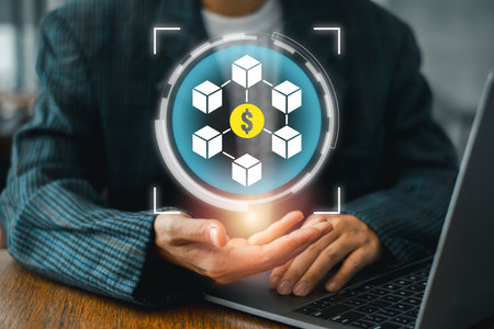 Visual representation of decentralized finance with blockchain and cryptocurrency symbols in a tech-savvy setting.の写真素材