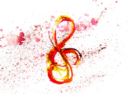 treble clef in red and yellow spot  blotch watercolors isolated on white backgroundの写真素材