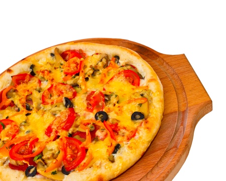 Appetizing pizza with cheese on wooden tray, close-up on white background (clipping path)の写真素材