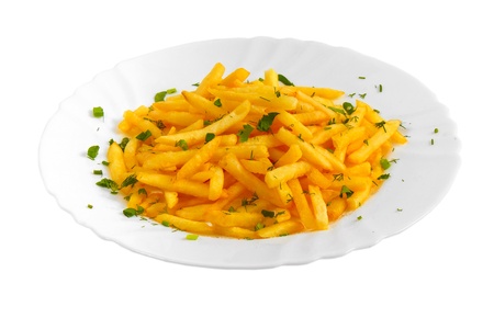 french fries potatoes roasted with onions on a plate isolated on white background (clipping path)の写真素材