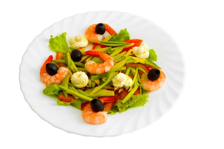 Fresh Shrimp salad with olives and cream on a white background (clipping path)の写真素材
