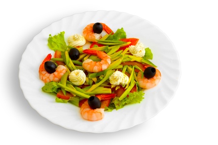 Fresh Shrimp salad with olives and cream on a white backgroundの写真素材