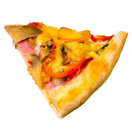 pizza slice piece isolated on white backgroundの写真素材