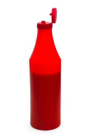 red bottle plastic ketchup isolated on whiteの写真素材