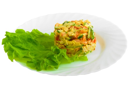 Salad of fresh cucumbers and tomatoes with chicken with fresh spinach, green leaf on white background (clipping path)の写真素材