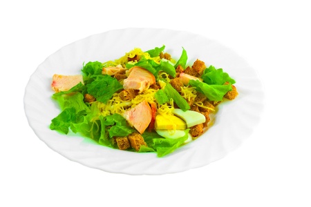 snack salad ham cheese egg fried bread and greens on a white background (clipping path)の写真素材