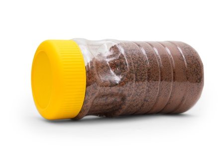 Instant tea in plastic pot isolated on white backgroundの写真素材