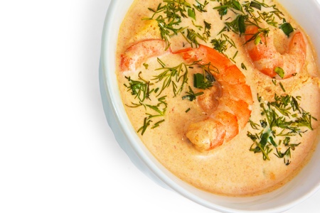 shrimp soup dill in bowl isolated on white backgroundの写真素材