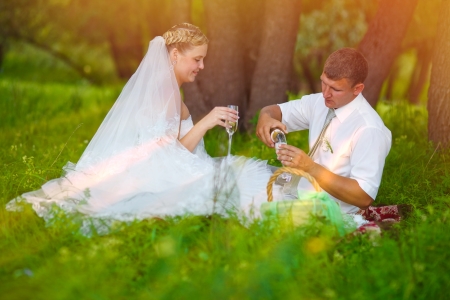 couple picnic in forest gladeの写真素材