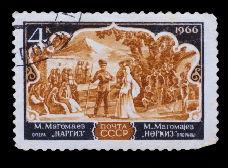 USSR - CIRCA 1966: A stamp printed in USSR, shows opera "Nargiz" Muslim Magomaev, stamp from series, circa 1966の写真素材