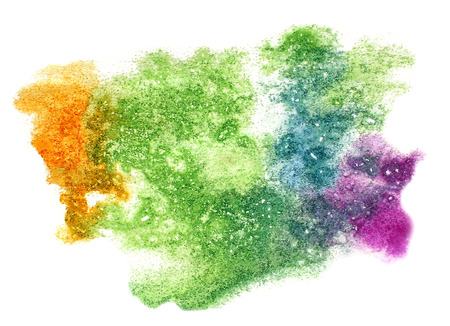 splash green, yellow, purple paint blot watercolour color water ink isolated watercolor backgroundの写真素材