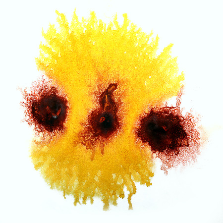 art brown, yellow watercolor ink paint blob watercolour splash colorful stain isolated on white background textureの写真素材