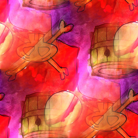 art light background skull, bones, pirate barrel texture watercolor seamless abstract pattern paint wallpaper color paperの写真素材