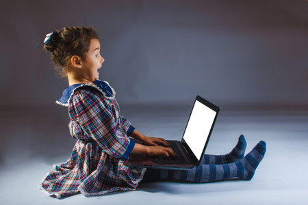 girl looking surprised computer isolated on white