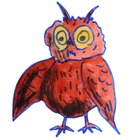 watercolor drawing kids cartoon owl on white backgroundの写真素材