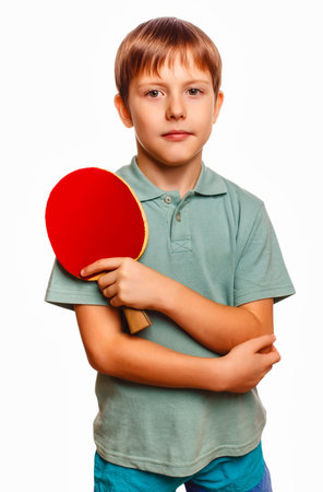 boy athlete in table tennis player with racket isolated on whiteの写真素材