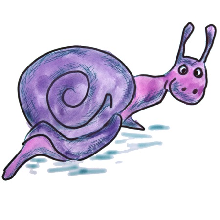 watercolor purple snail cartoon drawing isolated on a white backgroundの写真素材