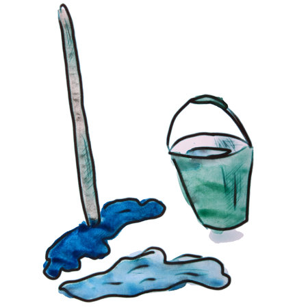 watercolor mop bucket green cartoon figure, isolated on white background
