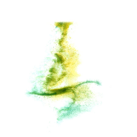 ink blot green, blue splatter background isolated on white hand paintedの写真素材
