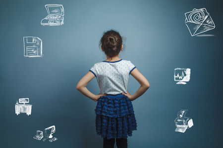 Girl Child Teen seven years, European appearance brunette turned aroundの写真素材