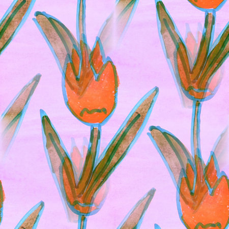 seamless  texture orange tulips watercolor flowers  wallpaperの写真素材